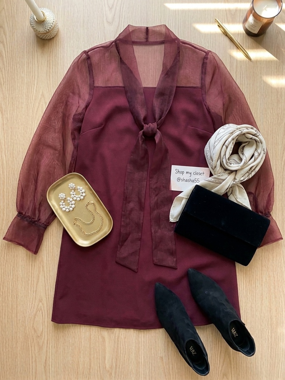 ZARA elegant maroon dress chiffon sleeves